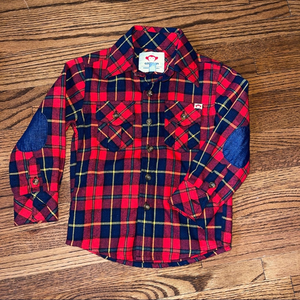 NEW Appaman red plaid flannel button down denim elbow patches Sz 3T